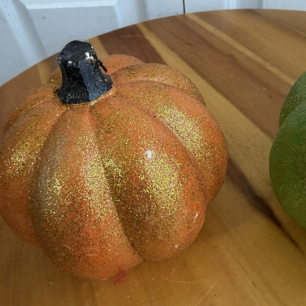 Hobby Lobby Orange Green Set Of 2 Table Decor Pumpkins Fall Halloween Sparkly
